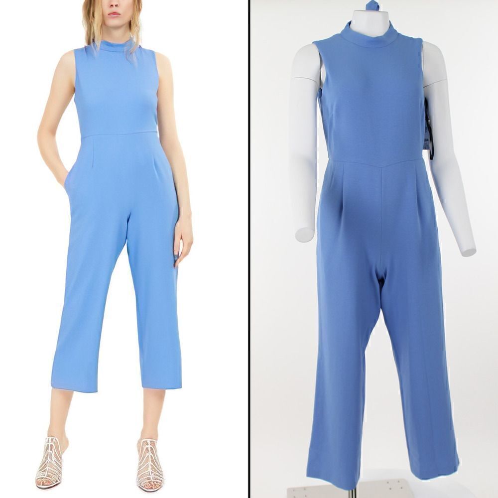 INC Womens Light Blue Stretch Wide-leg Sleeveless Mock Cropped Jumpsuit